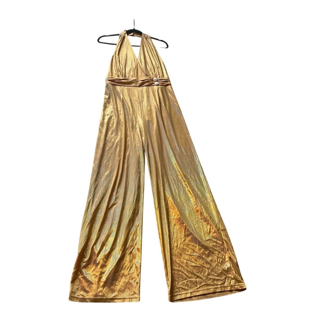 Retro Stage Jumpsuit Womens Size XXL Gold Halter Open Back Wide Leg Disco